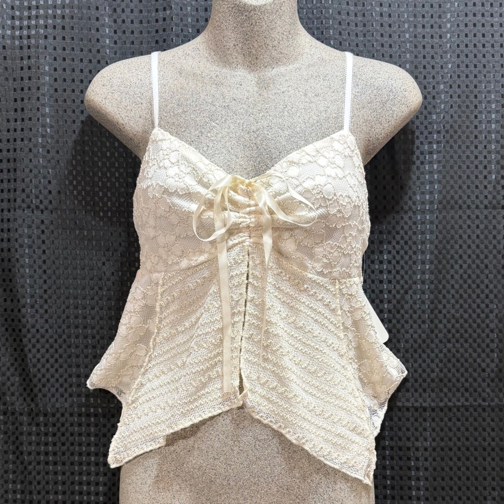 La Peche Lace Cami Top Women L Cream Tie Front Asymmetrical Hem Babydoll